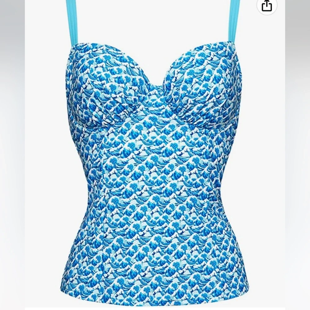 Women's Curvy Kate Riptide Balcony Tankini Swim Top Blue Print Size 32DD